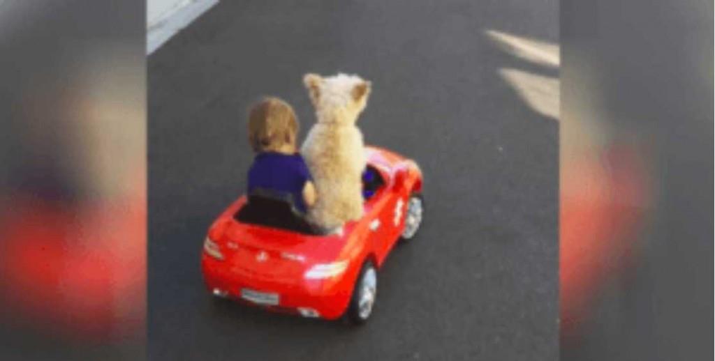 Mutter filmt Kind im roten Spielzeugauto – schaut auf den Hund, als er sich umdreht!