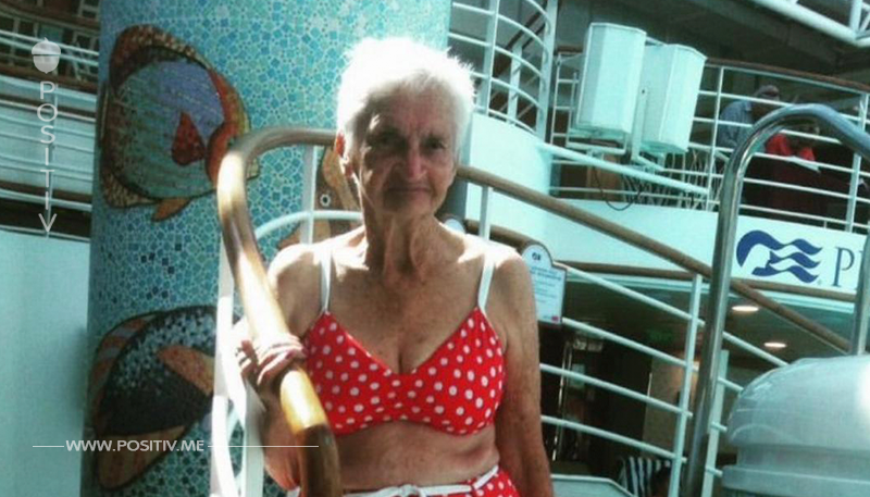 90 Jährige posiert stolz im Bikini.	