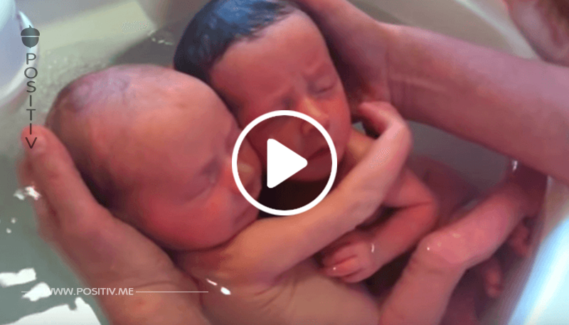 Das Video von neugeborenen Zwillingen, die sich miteinander zum ersten Mal im Bad kuscheln, wird viral