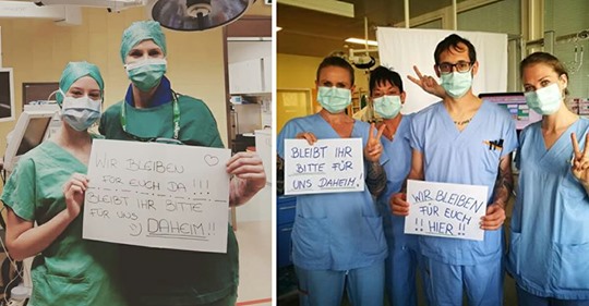 „Bleiben für euch da – Bleibt für uns daheim“: Ärzte und Krankenschwestern mit Botschaft aus Kliniken