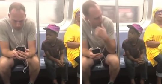 Ein Fahrgast nimmt heimlich eine herzerwärmende Szene auf, in der ein Mann einen Jungen erwischt, der auf sein Telefon starrt