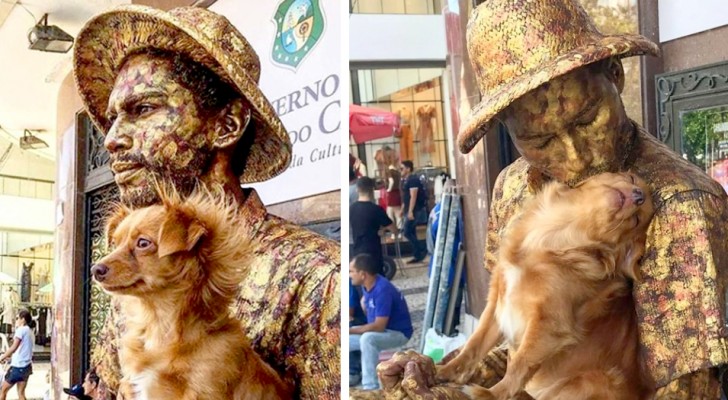 Hund bleibt zusammen mit seinem Straßenkünstler  Herrchen regungslos wie eine Statue: Jetzt sind sie echte Stars