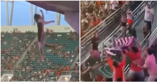 Fans retten bei einem Football-Spiel eine Katze, die von einer Tribüne fällt – mithilfe einer Flagge