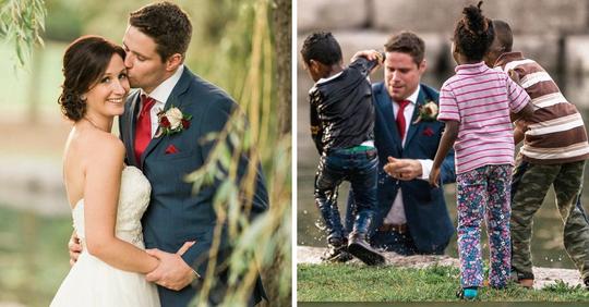Bräutigam verschwindet während Hochzeitsfotoshooting, woraufhin die Braut sieht, wie er ein Kind rettet, das in einen Teich gefallen war