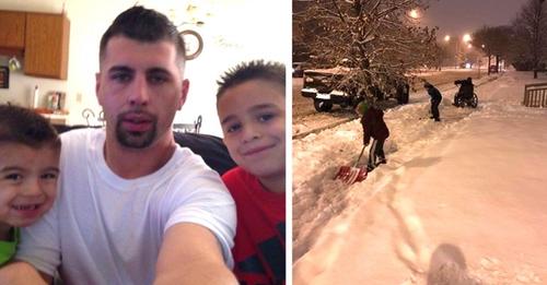 Zwei Kinder sehen einen Mann im Rollstuhl, der versucht, Schnee zu schaufeln: „Halt an, Papa! Wir müssen ihm helfen!“