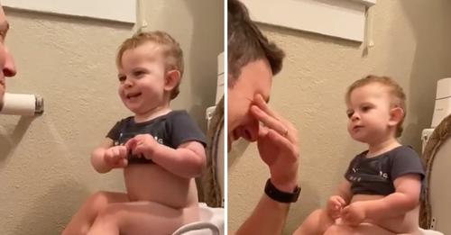 Junge benutzt zum ersten Mal die Toilette nach Windelentwöhnung – seine Reaktion bringt das Internet zum Lachen